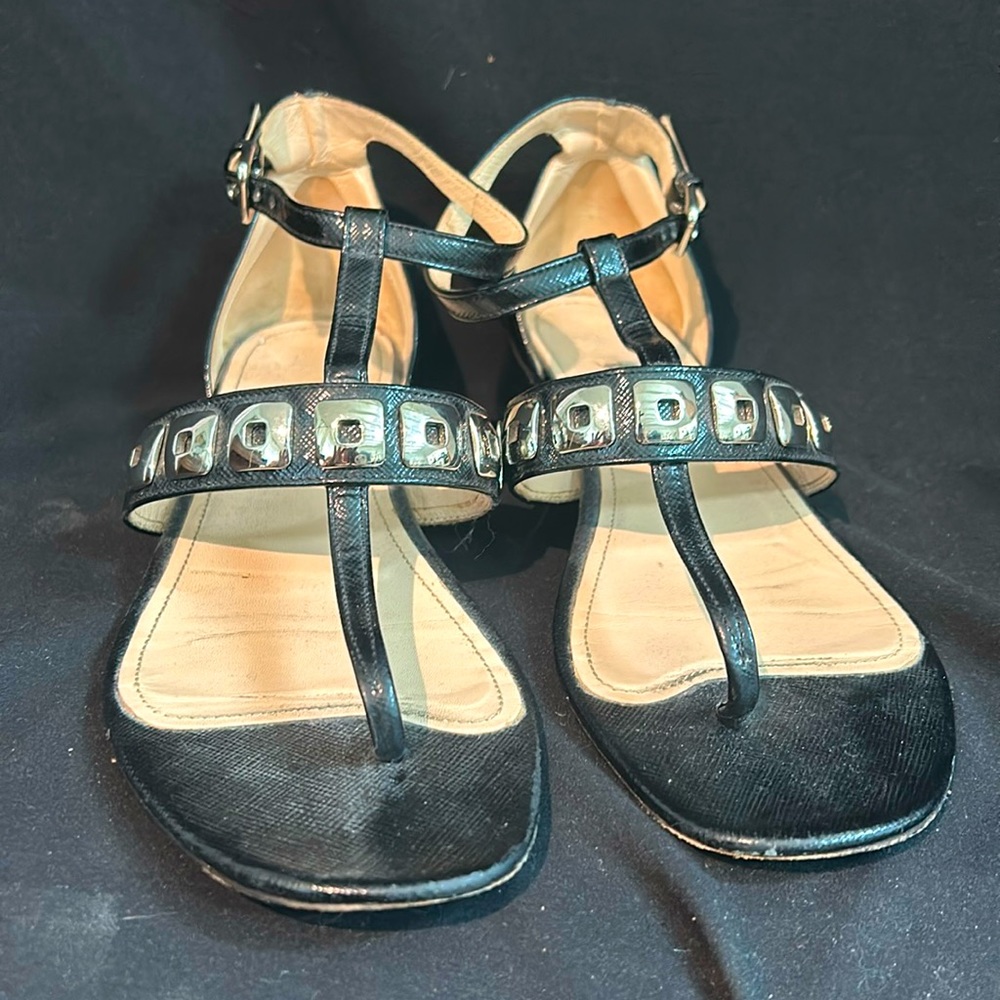 Prada black patent silver grommet thong heel sandal 38